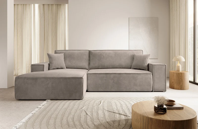 Ecksofa mit Schlaffunktion Farese New L-förmig mit Stauraum, beige Cord, linksseitig