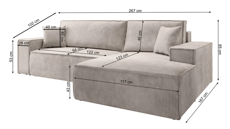 Ecksofa mit Schlaffunktion Farese New L-förmig mit Stauraum, beige Cord, linksseitig
