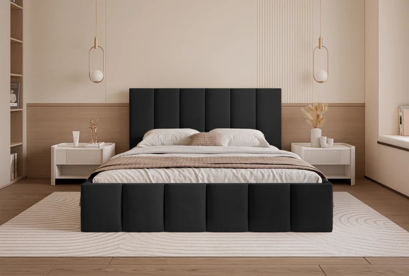 Polsterbett 180x200 cm Sarafino mit Bettkasten, schwarzer Samt, Metallrahmen