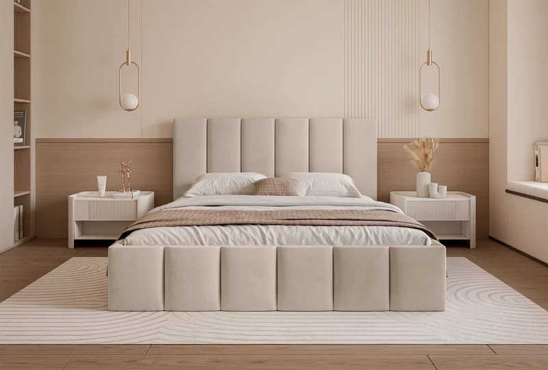 Polsterbett 160x200 cm Sarafino mit Bettkasten, beige Samt, Metallrahmen