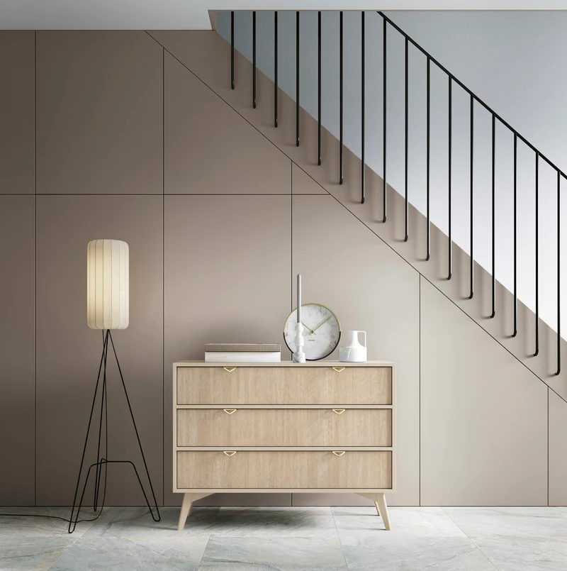 Kommode Favoria mit Schubladen 106 cm beige/Scandi Fischgrätmuster mit goldenen Griffen