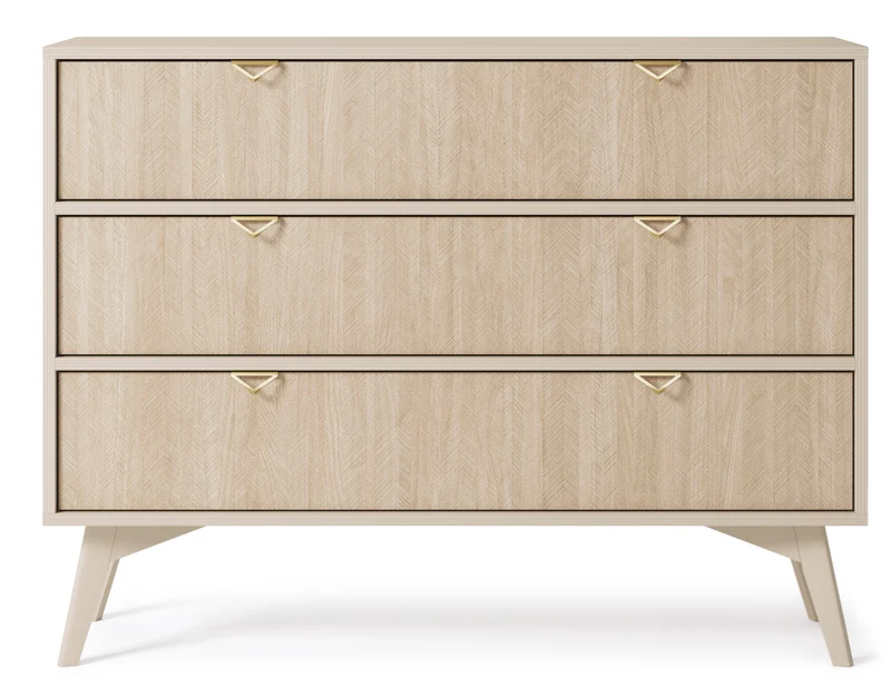 Kommode Favoria mit Schubladen 106 cm beige/Scandi Fischgrätmuster mit goldenen Griffen