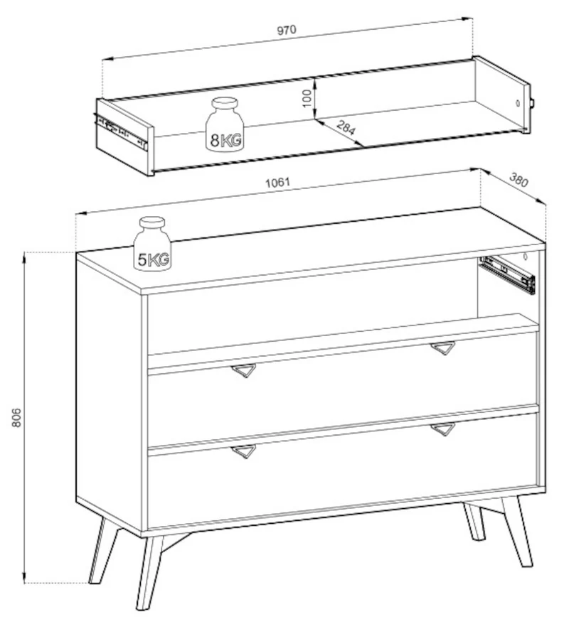 Kommode Favoria mit Schubladen 106 cm Eukalyptus/Scandi Fischgrätmuster mit goldenen Griffen
