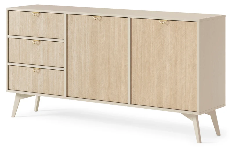 Favoria Kommode, 2-türig mit Schubladen, 158 cm, beige/Scandi Fischgrätmuster mit goldenen Griffen