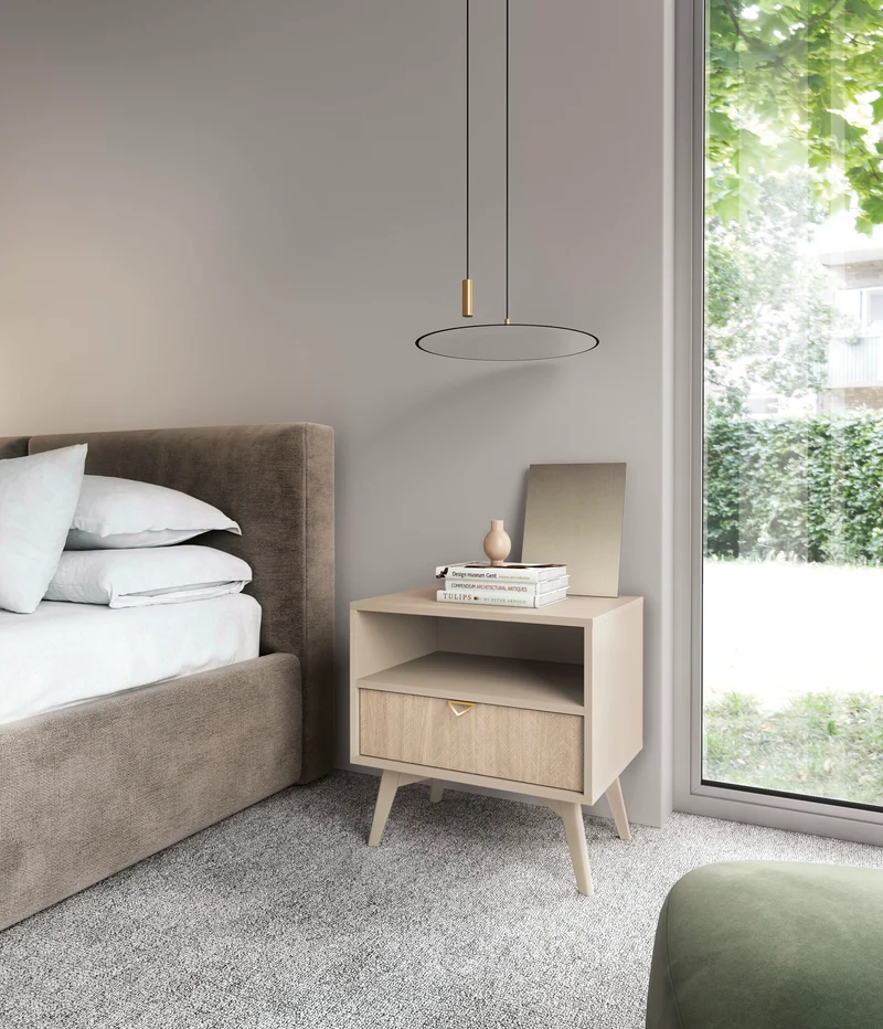 Favoria Nachttisch mit Schublade 54 cm beige/Scandi Fischgrätmuster mit goldenem Griff