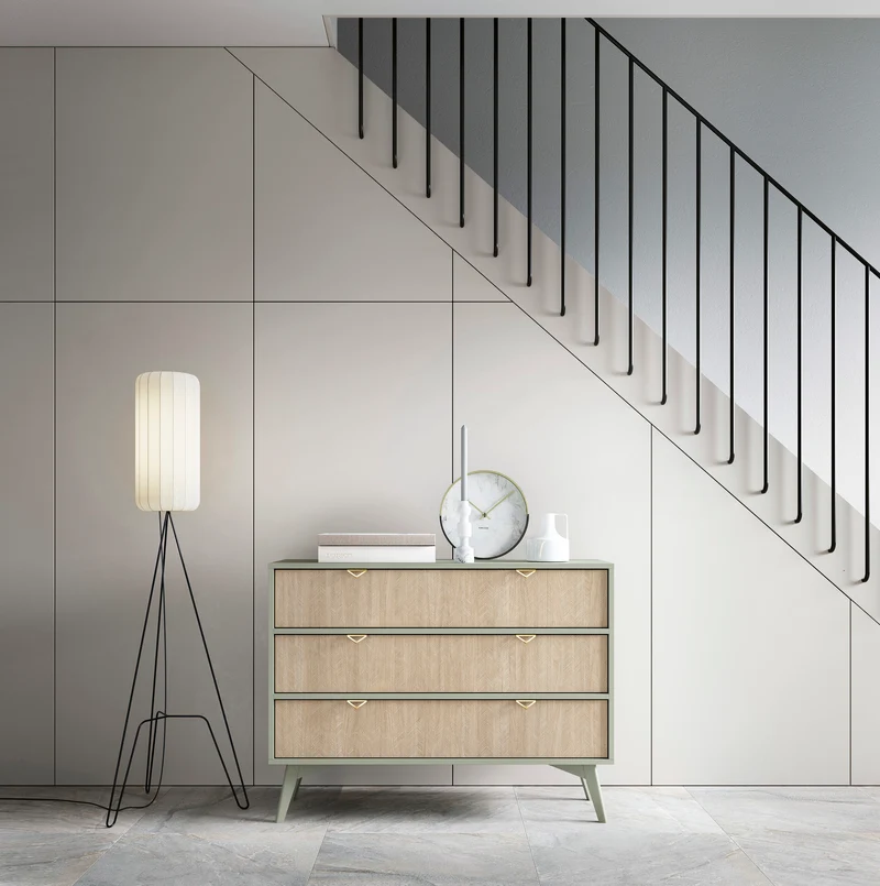 Kommode Favoria mit Schubladen 106 cm Eukalyptus/Scandi Fischgrätmuster mit goldenen Griffen