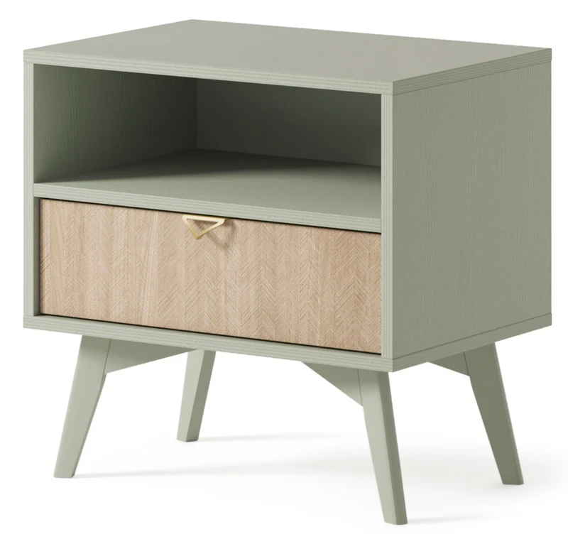 Nachttisch Favoria mit Schublade 54 cm Eukalyptus/Fischgrätmuster Scandi mit goldenem Griff