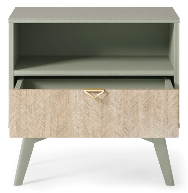 Nachttisch Favoria mit Schublade 54 cm Eukalyptus/Fischgrätmuster Scandi mit goldenem Griff