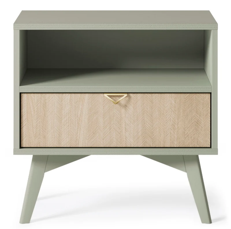 Nachttisch Favoria mit Schublade 54 cm Eukalyptus/Fischgrätmuster Scandi mit goldenem Griff