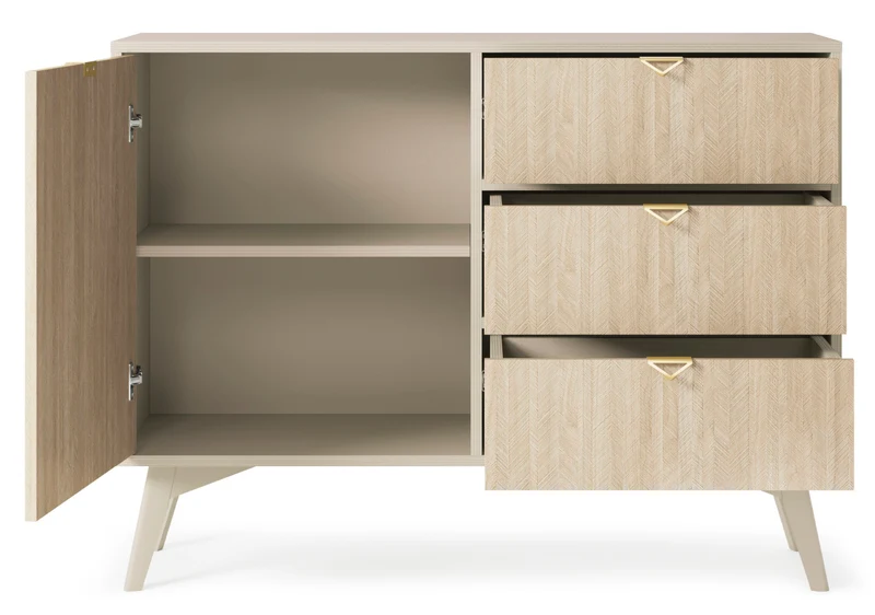 Favoria Kommode mit einer Tür und Schubladen, 106 cm, beige/Scandi Fischgrätmuster mit goldenen Griffen