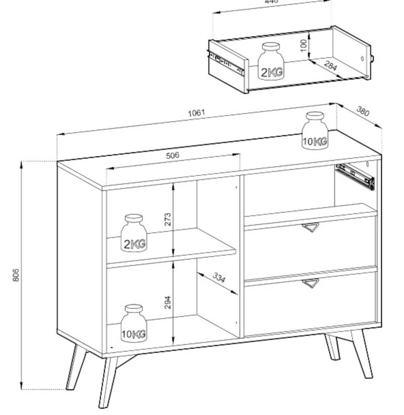 Favoria Kommode mit einer Tür und Schubladen, 106 cm, Eukalyptus/Scandi Fischgrätmuster mit goldenen Griffen