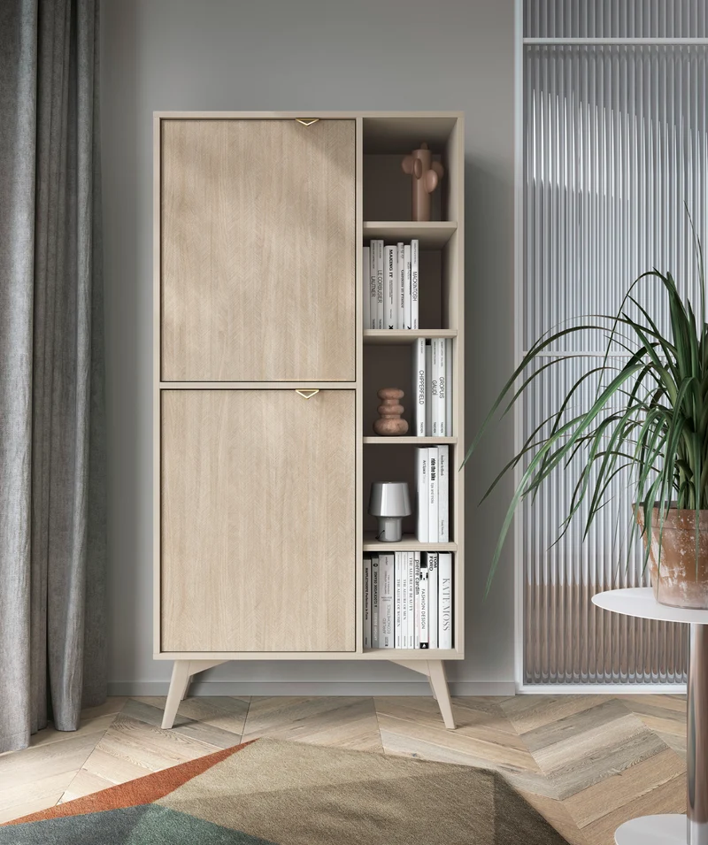 Favoria Regal mit zwei Türen, 80 cm, beige/Scandi Fischgrätmuster mit goldenen Griffen