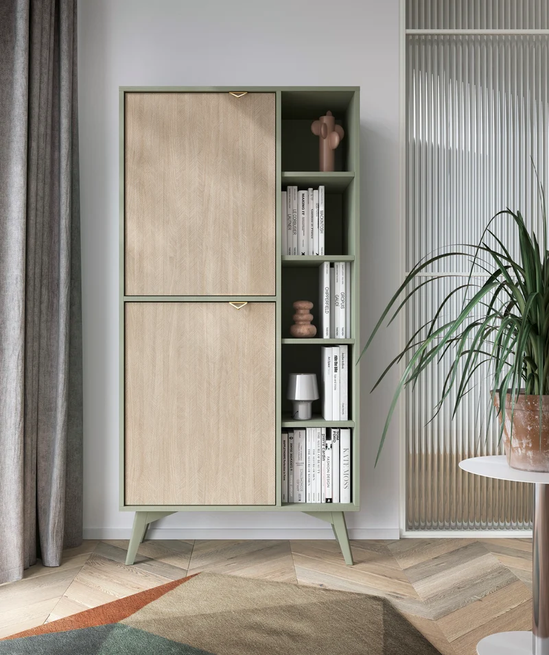 Favoria Regal mit zwei Türen 80 cm Eukalyptus/Fischgrät-Scandi mit goldenen Griffen