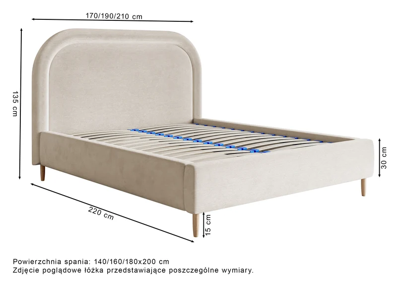 Gepolstertes Bett 140x200 cm Loreo mit Stauraum, Eukalyptus-Velours, wasserabweisend
