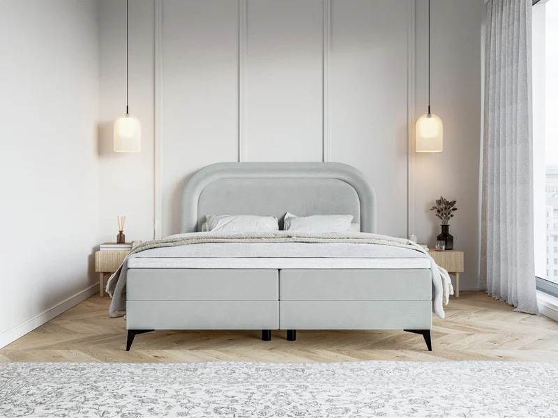 Kontinentales Bett 140x200 cm Loreo mit Topper und Stauraum, taubenfarbener Velours, wasserabweisend