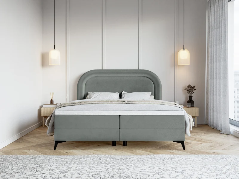 Kontinentalbett 140x200 cm Loreo mit Topper und Stauraum, grauer Velours, wasserabweisend