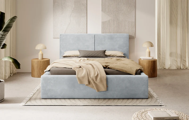 Gepolstertes Bett 140x200 cm Farese mit Stauraum und Gasdruckfeder, hellgrauer Cordstoff