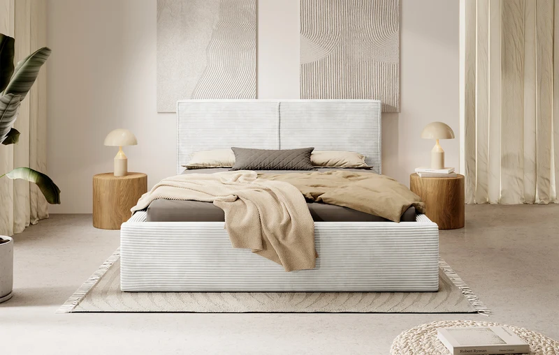 Gepolstertes Bett 160x200 cm Farese mit Stauraum und Gasdruckfeder, grau-beige Cordstoff