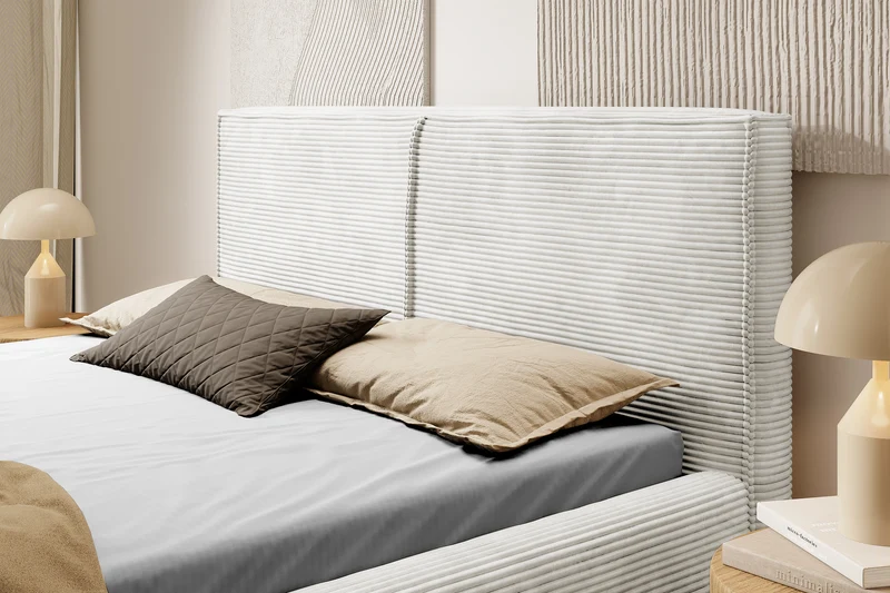 Gepolstertes Bett 160x200 cm Farese mit Stauraum und Gasdruckfeder, grau-beige Cordstoff