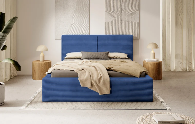 Polsterbett 160x200 cm Farese mit Stauraum und Gasdruckfeder, dunkelblauer Cord