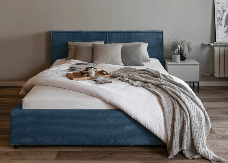 Polsterbett 180x200 cm Farese mit Stauraum und Gasdruckfeder, marineblauer Cord