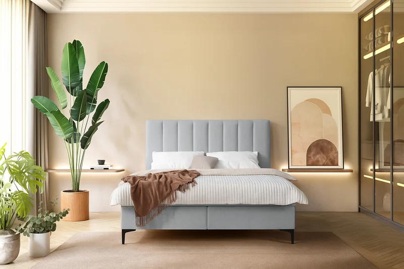 Kontinentales Bett 180x200 cm Lorentes mit Stauraum und Topper, hellgraues Geflecht
