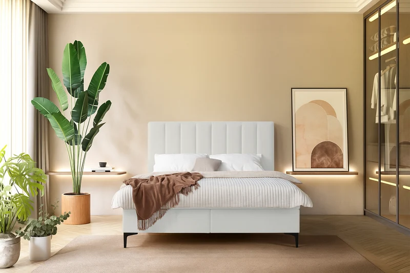 Kontinentales Bett 140x200 cm Lorentes mit Stauraum und Topper, cremefarbenes Geflecht