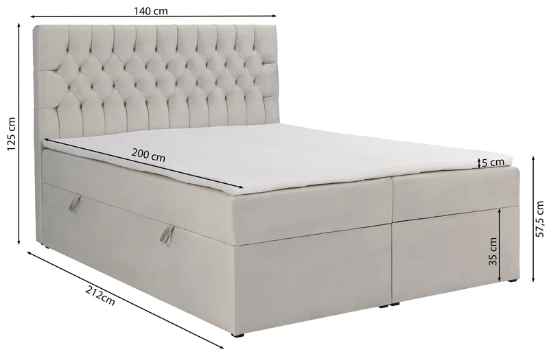 Kontinentales Bett 140x200 cm Daissy mit Stauraum und Topper, hellbeiger Samt