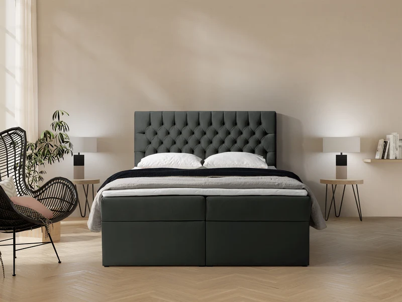 Kontinentales Bett 180x200 cm Daissy mit Stauraum und Topper, dunkelgrauer Samt