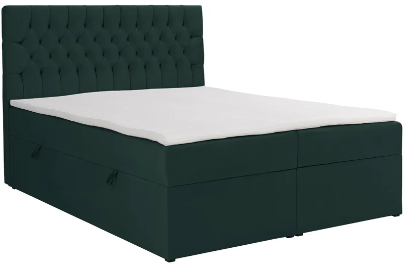 Kontinentales Bett 140x200 cm Daissy mit Stauraum und Topper, Flaschengrün Samt