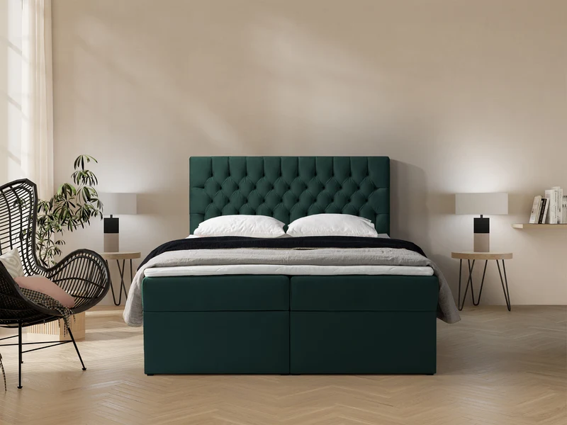Kontinentales Bett 140x200 cm Daissy mit Stauraum und Topper, Flaschengrün Samt