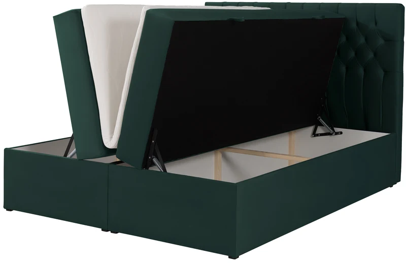 Kontinentales Bett 140x200 cm Daissy mit Stauraum und Topper, Flaschengrün Samt