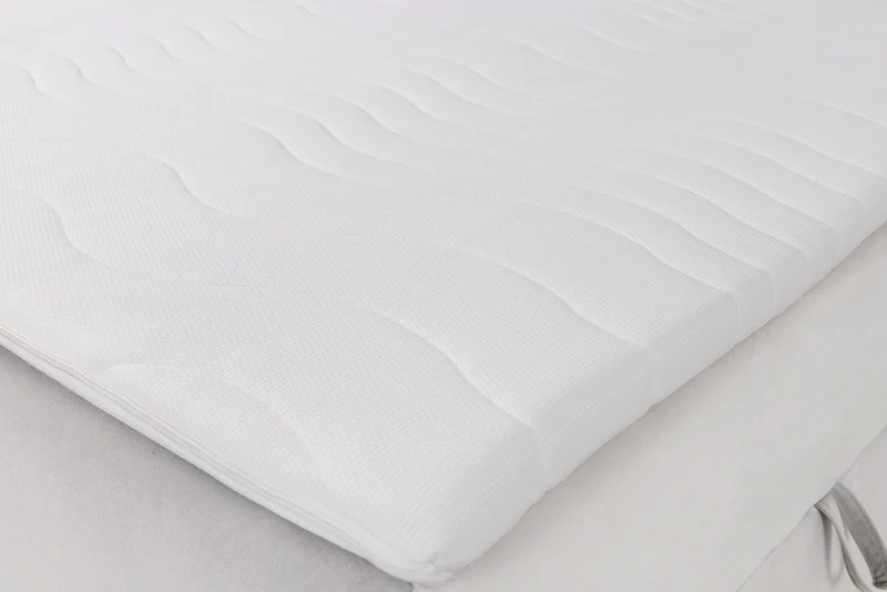 Kontinentales Bett 160x200 cm Daissy mit Stauraum und Topper, hellbeiger Samt