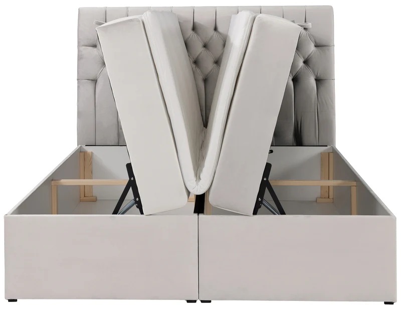 Kontinentales Bett 160x200 cm Daissy mit Stauraum und Topper, hellbeiger Samt