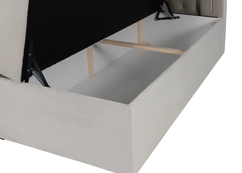 Kontinentales Bett 160x200 cm Daissy mit Stauraum und Topper, hellbeiger Samt