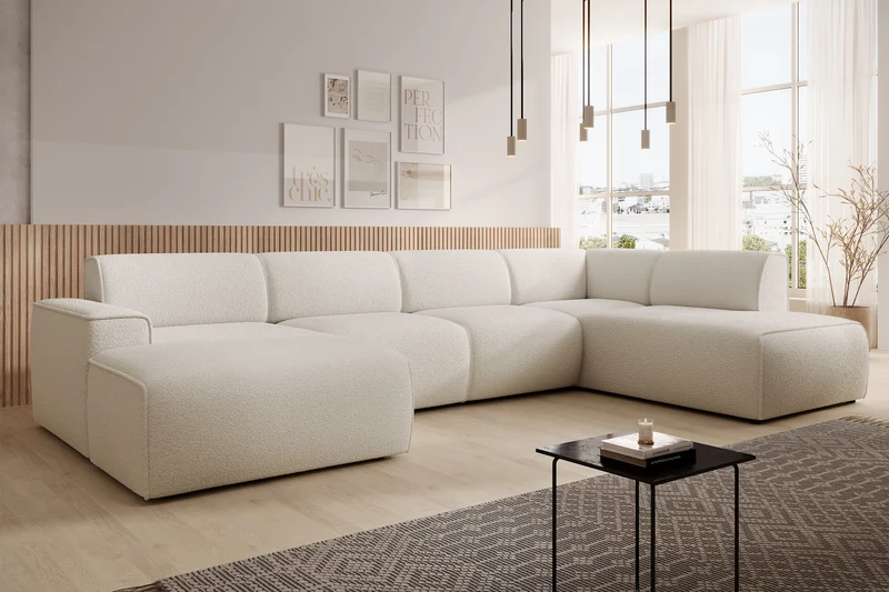 Ecksofa Bouvi U-förmig, rechtsseitig, cremefarbenes Bouclé