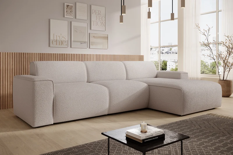 Ecksofa Bouvi, L-Form, rechtsseitig, hellbeige Bouclé