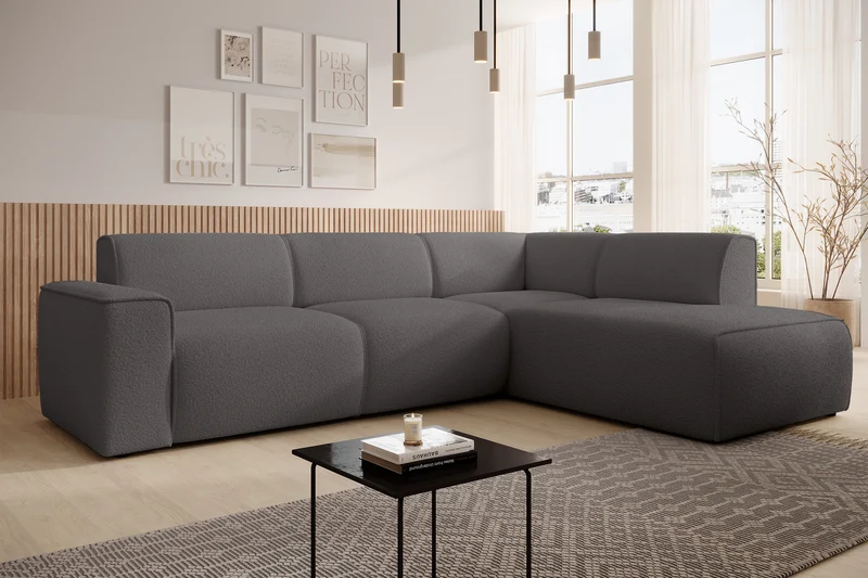 Ecksofa Bouvi L-förmig mit rechter Armlehne, dunkelgrauer Bouclé-Stoff