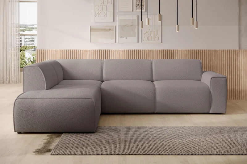Ecksofa Bouvi L-förmig mit linker Armlehne, grau-brauner Bouclé-Stoff