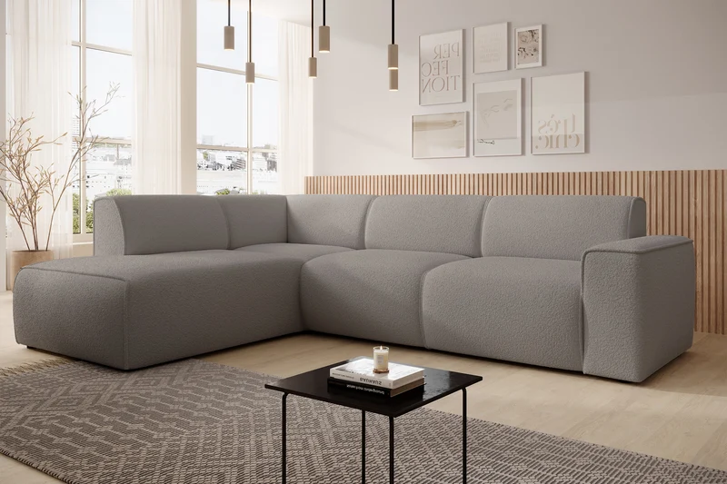 Ecksofa Bouvi L-förmig mit linker Armlehne, grau-brauner Bouclé-Stoff