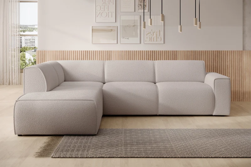 Ecksofa Bouvi L-förmig mit linker Armlehne, hellbeiger Bouclé-Stoff