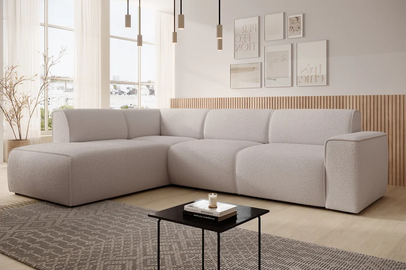 Ecksofa Bouvi L-förmig mit linker Armlehne, hellbeiger Bouclé-Stoff