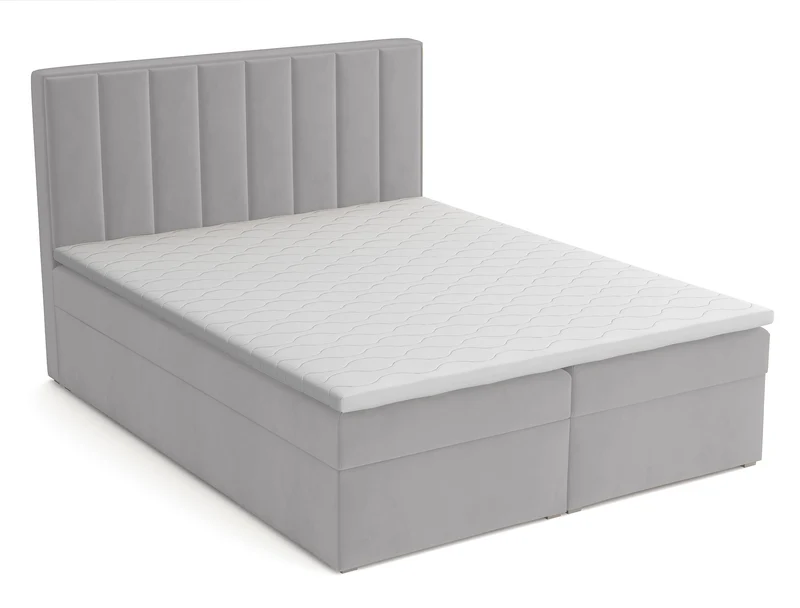 Kontinentales Bett 180x200 cm Rinus mit Stauraum und Topper, hellgrauer Samt
