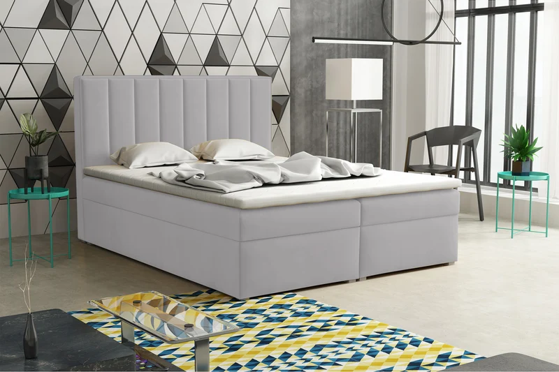 Kontinentales Bett 180x200 cm Rinus mit Stauraum und Topper, hellgrauer Samt