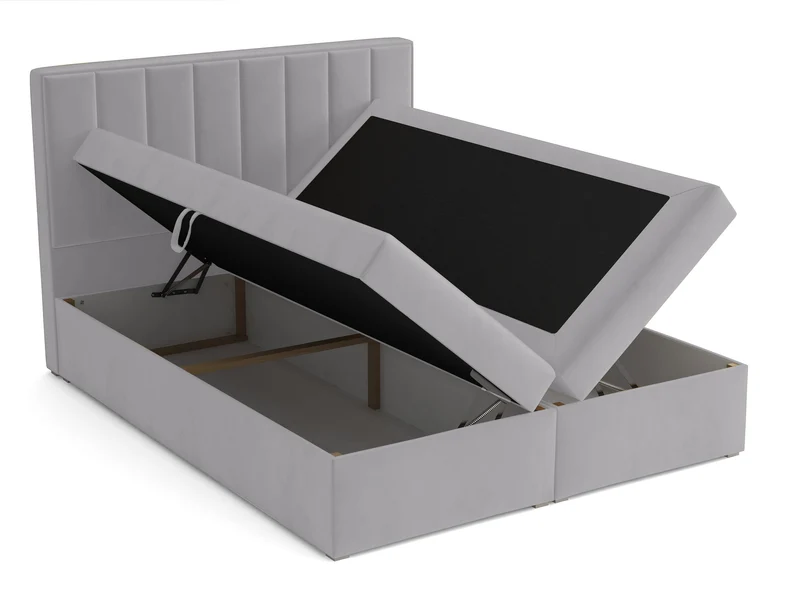 Kontinentales Bett 180x200 cm Rinus mit Stauraum und Topper, hellgrauer Samt