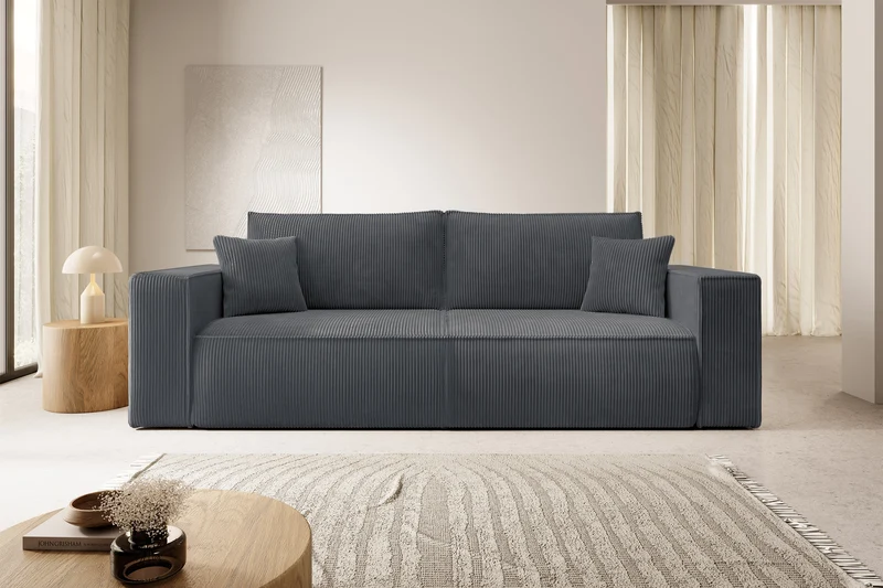 Dreisitziges ausklappbares Sofa Farese mit Stauraum, grauer Cordstoff