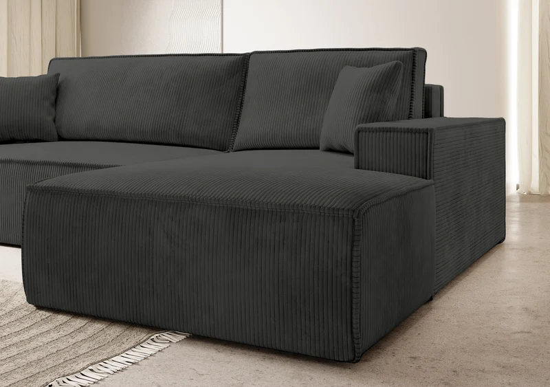 Ecksofa mit Schlafunktion Farese New L-förmig mit Stauraum, dunkelgrauer Cord, rechtsseitig