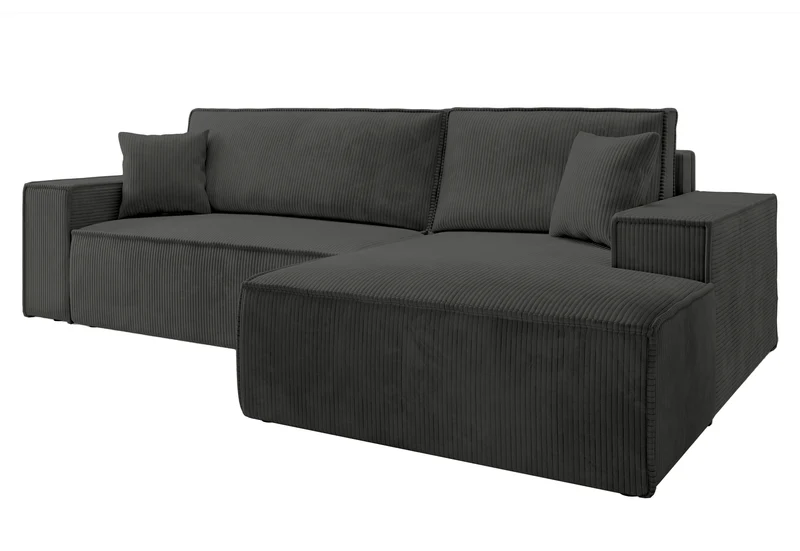 Ecksofa mit Schlafunktion Farese New L-förmig mit Stauraum, dunkelgrauer Cord, rechtsseitig