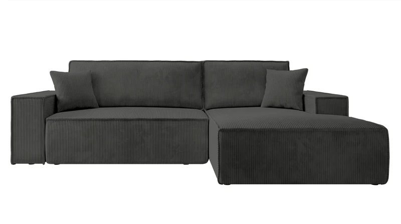 Ecksofa mit Schlafunktion Farese New L-förmig mit Stauraum, dunkelgrauer Cord, rechtsseitig