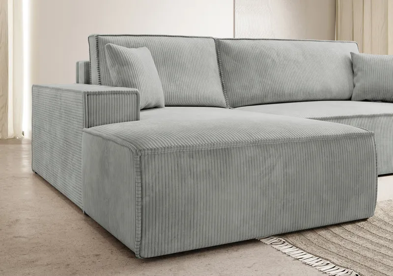 Ecksofa mit Schlafunktion Farese New, L-förmig, mit Stauraum, hellgrauer Cord, linksseitig